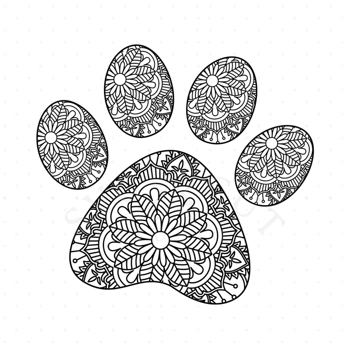 black and white mandala in the shape of a dog paw